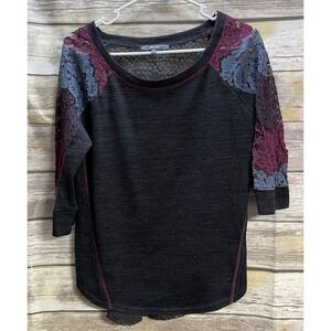 Miss Me Women's Medium Mix Match Quarter-sleeve Top Burgundy Multicolor Western